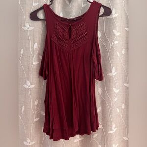 Maurices Burgundy Cold-Shoulder Lace Yoke Tunic